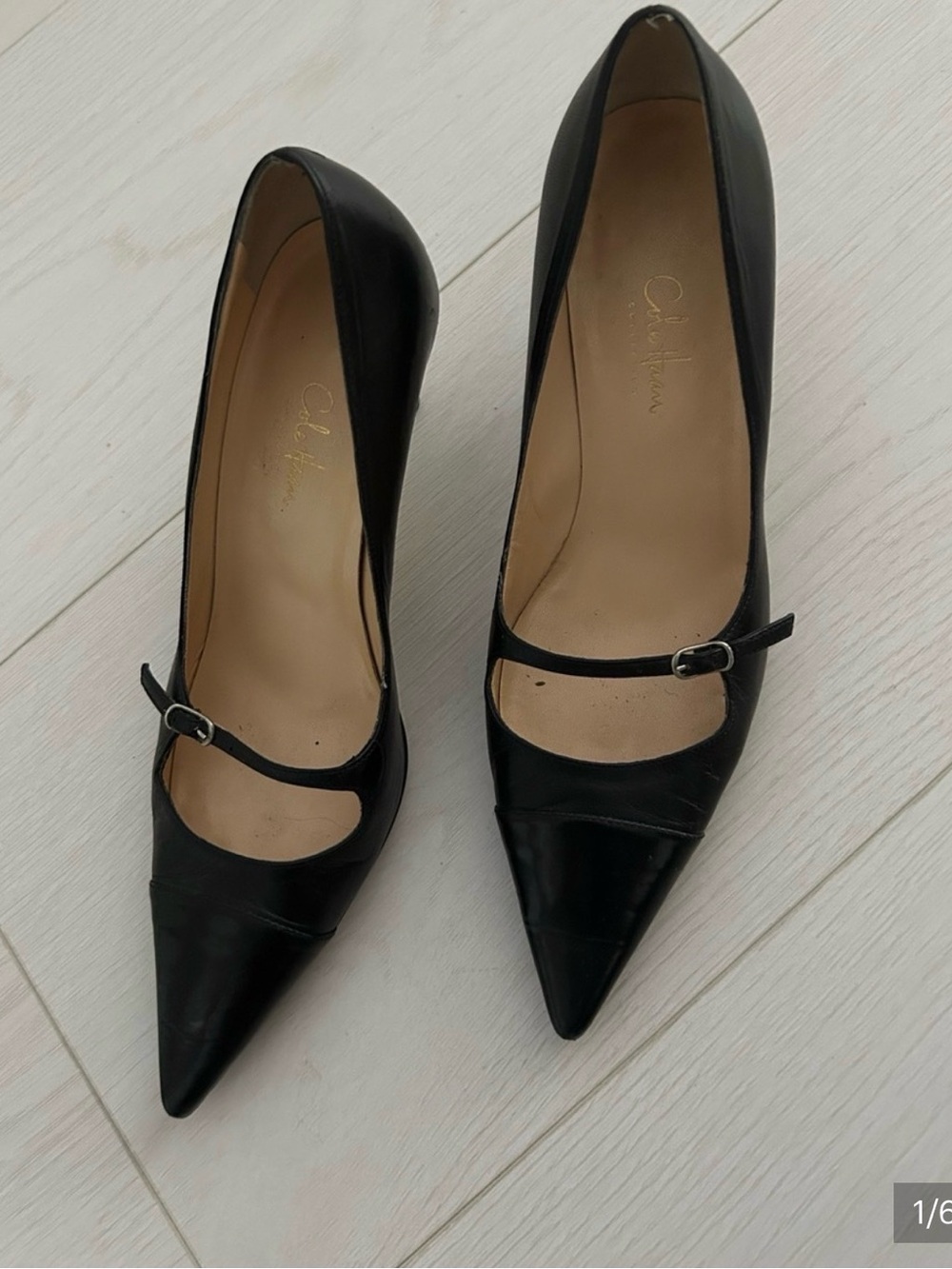 Cole Haan Black Leather Pointed Mary Jane Pumps